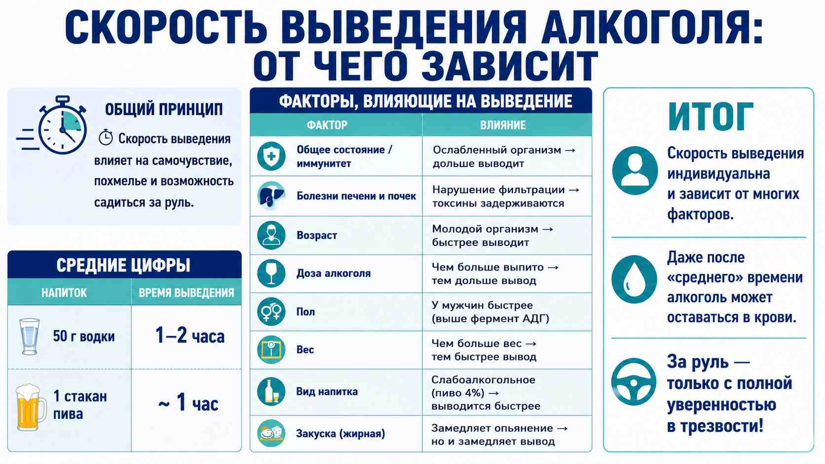 Инфографика о скорости выведения алкоголя из организма