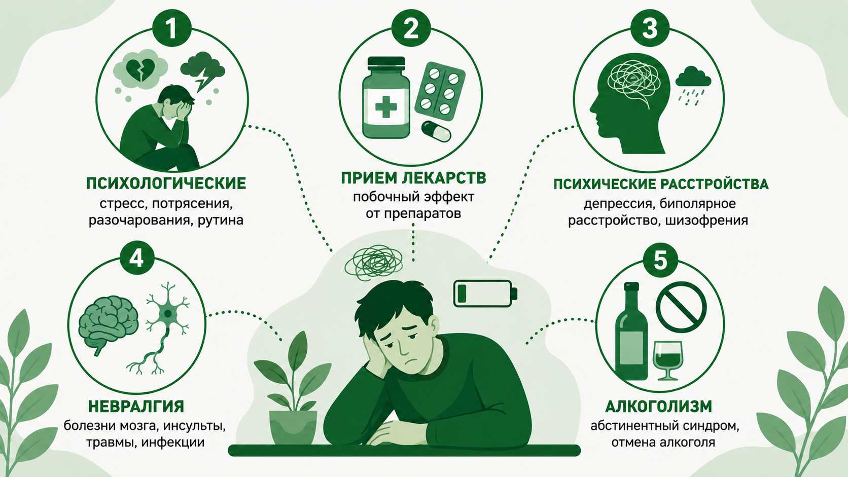 Схема причин апатии: психологические факторы, побочные эффекты лекарств, психические расстройства, неврологические заболевания и алкогольная зависимость.